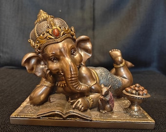 Estatua del bebé Ganesha: ídolo de Ganapati reclinado de 5", ídolo hindú para altar, eliminador de obstáculos.