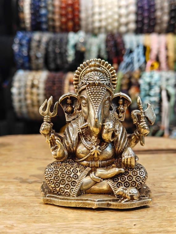 Handcrafted Brass Ganesha Statue: Hindu God with Modak