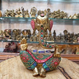 Lord Ganesha statue,Handcrafted Brass Ganesha Statue with Colorful Stone Inlay, Elephant God,Sitting Ganpati Idol for Home Décor & Gifting.
