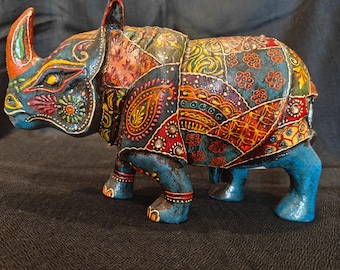 Hand-painted Rhino Sculpture, Wooden Rhino,Boho Spiritual gifts, Home decor, Christmas gift,Indian art.