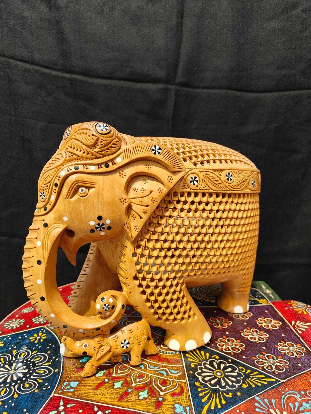 Hand-carved Wooden Elephant Statue, Filigree Jali Design, Home Decor - Etsy