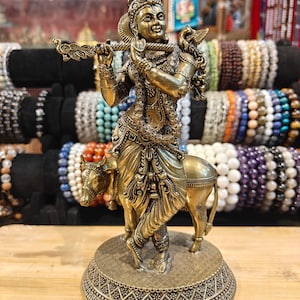 Lord Krishna superfine statue with cow in brass,Lord Krishna figurine,Vishnu Avatar,Home decor, Spiritual gift,Handmade Krishna statue.