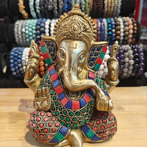 Brass Ganesha Idol with Multicolor Stone Inlay, Lord Ganesha in brass,Decorative Hindu Elephant God Statue for Home Temple & Gift.