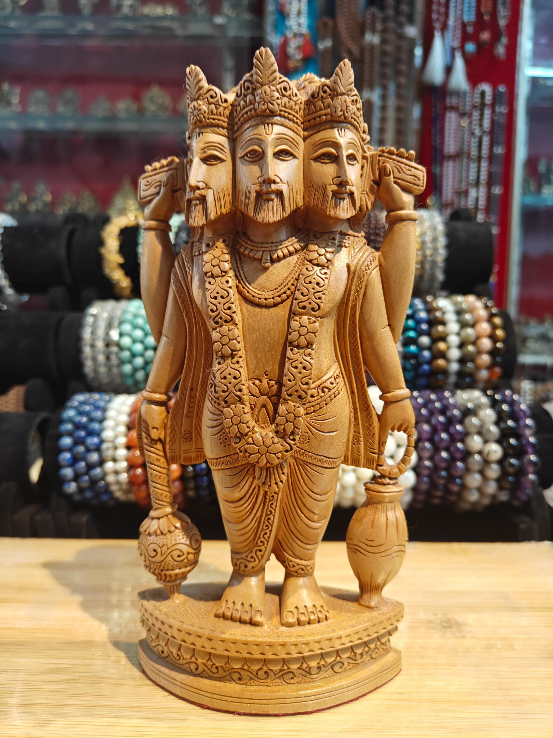 Handcarved Wooden Lord Brahma Statue: Hindu Creator Deity, Home