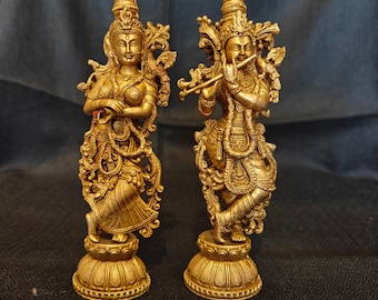 Handmade 6" Brass Radha Krishna Statue: Hindu Temple Idol