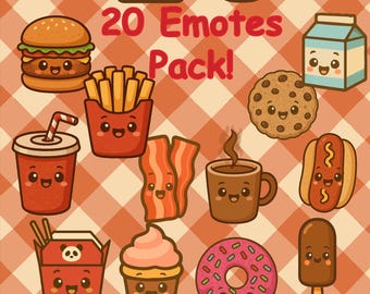 20 Food Emotes for Twitch & Discord – Kawaii Chibi Streamer Pack | PNG Download – Burger, Pizza, Fries, Donut plus More
