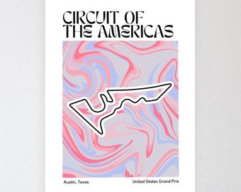 May include: A minimalist poster with a pink and blue marble background featuring a black outline of the Circuit of the Americas racetrack. The text "Circuit of the Americas" is in black at the top of the poster. The text "Austin, Texas" and "United States Grand Prix" are in black at the bottom of the poster.