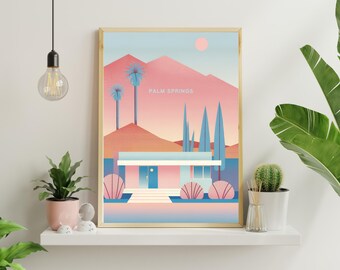 Póster de viaje de Palm Springs - Arte mural de California - Arte minimalista de Palm Springs - Decoración arquitectónica de mediados de siglo de Palm Springs