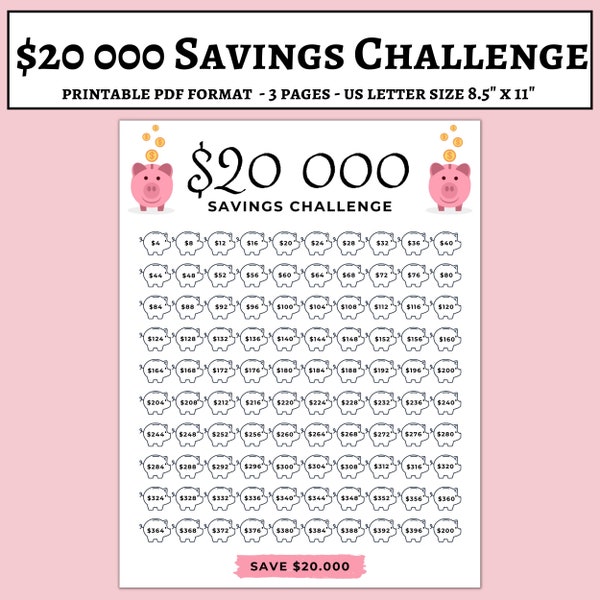 20,000 Savings Challenge - 100 Envelope Savings - 20000 Savings Challenge Printable - 20K Savings Challenge - 20K Savings Tracker