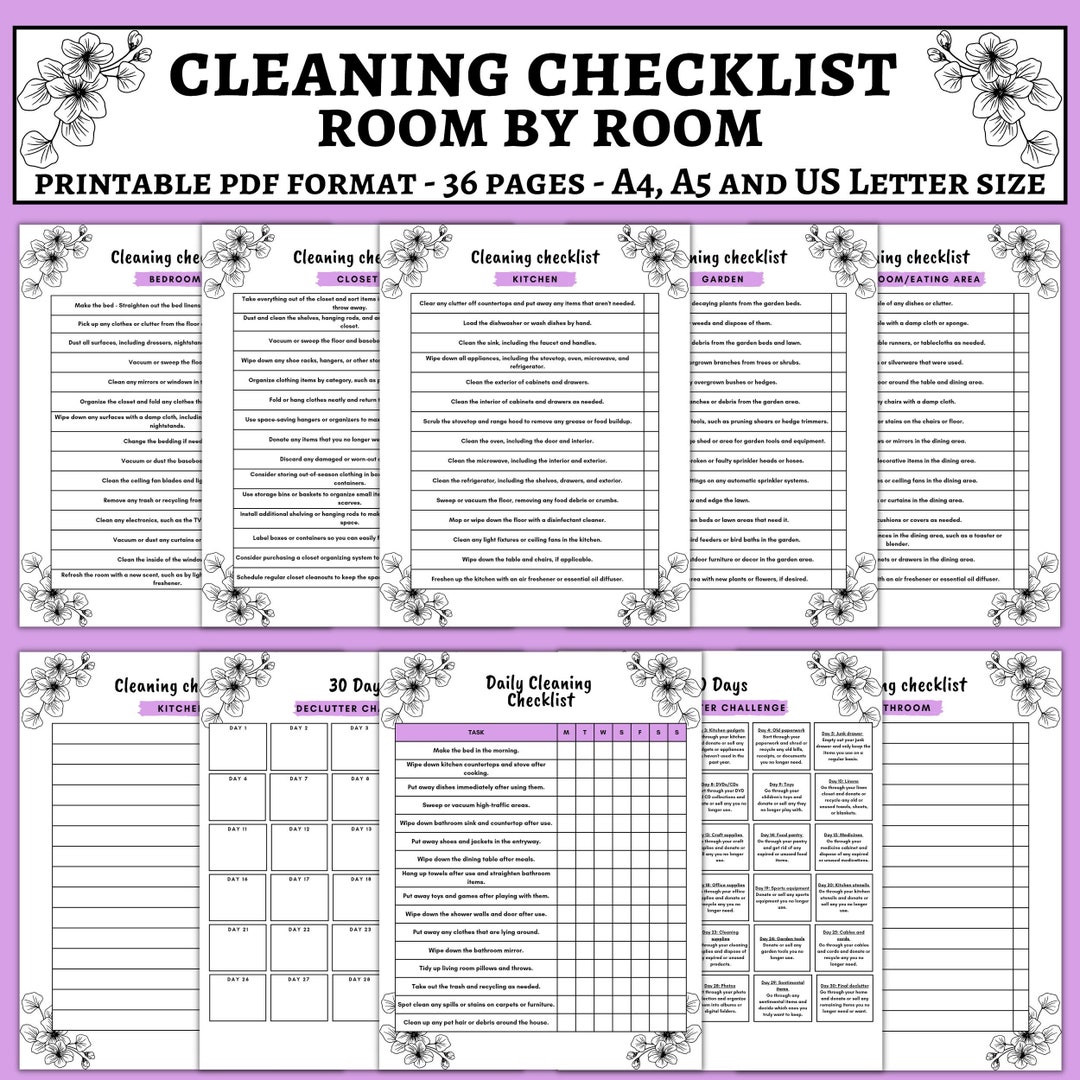 Cleaning Checklist Room by Room, Printable Cleaning Planner, Cleaning
