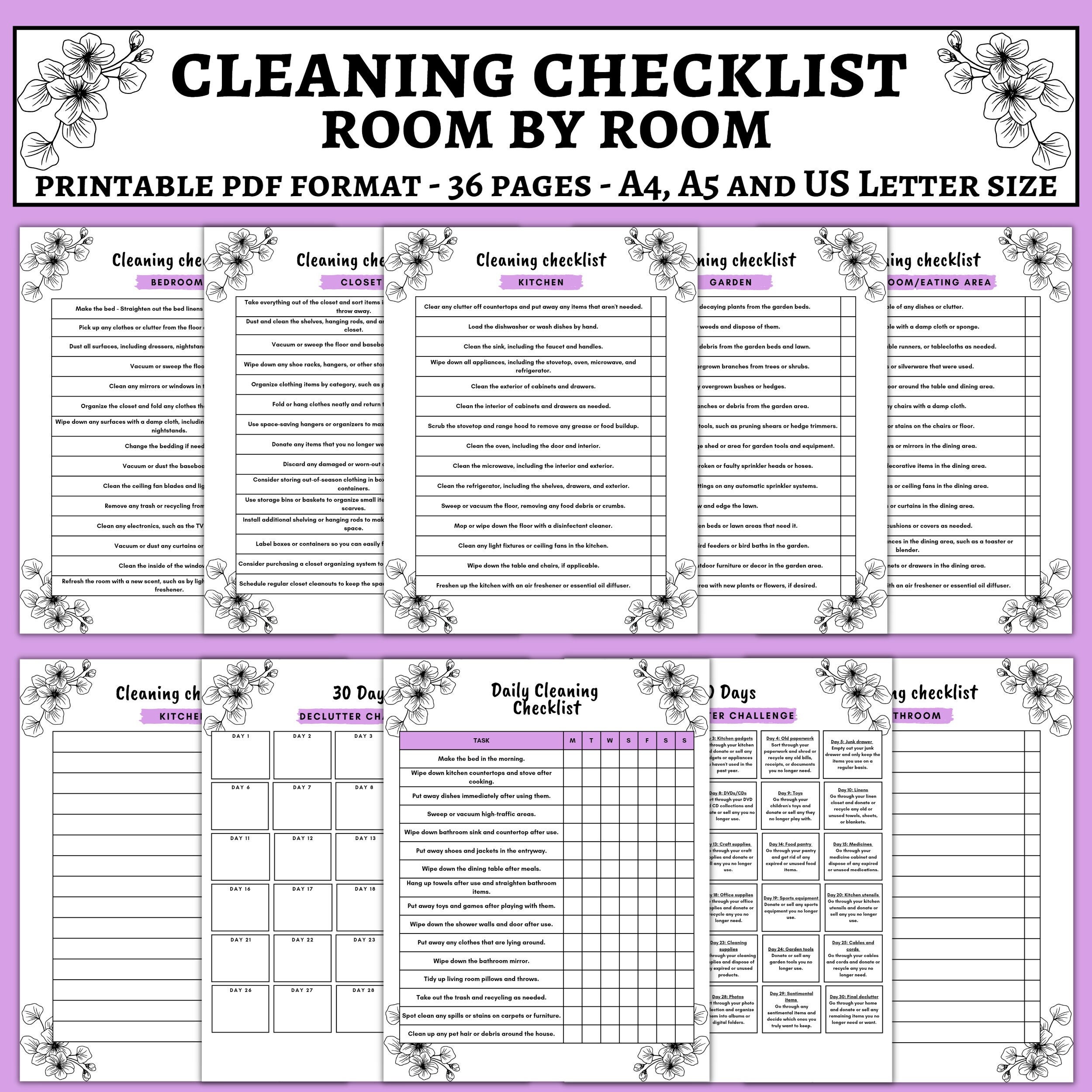 Cleaning Checklist Room by Room, Printable Cleaning Planner, Cleaning ...