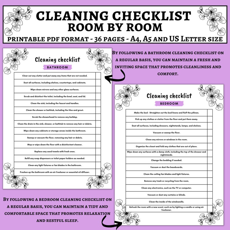 Cleaning Checklist Room by Room, Printable Cleaning Planner, Cleaning ...