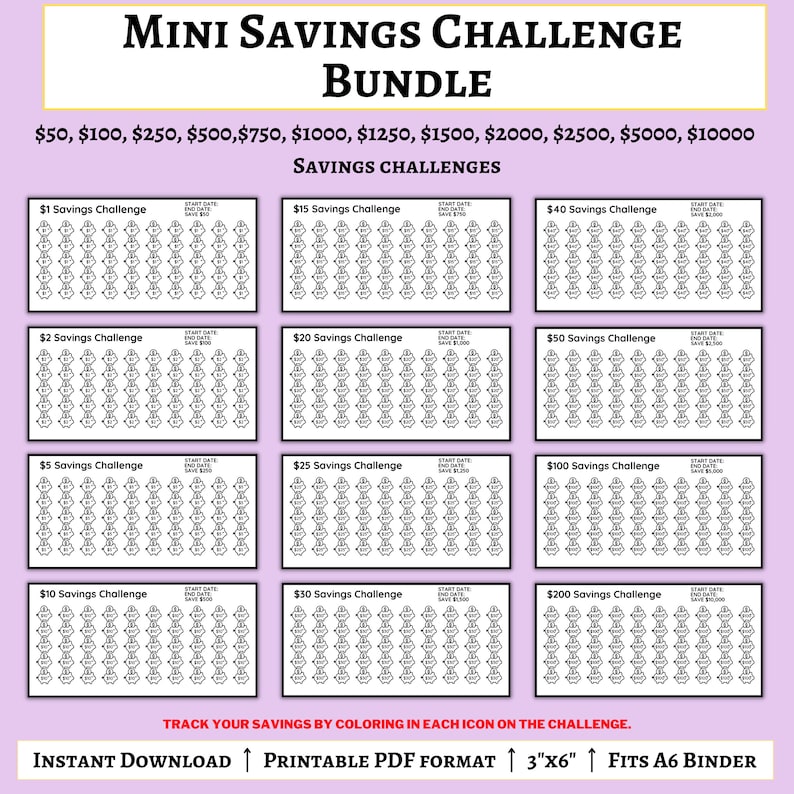 Printable Savings Challenge Trackers Mini Savings Challenge Bundle ...