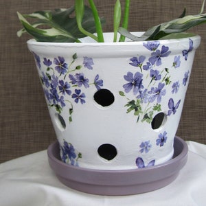 Könnte beinhalten: Weißer Keramiktopf mit Abzugsöffnungen und einem violetten Blumendesign. Der Topf hat eine passende violette Untertasse und ist mit einer grünen Pflanze mit panaschierten Blättern gefüllt.