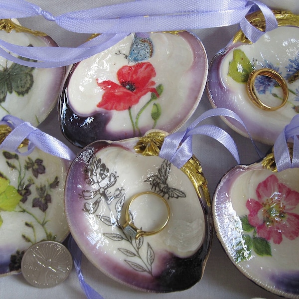 Beautiful Purple Colored Wampun Shells with different Flower Decoupage Designs, Ring dish, Ornament, Wine Bottle Charm,  Coastal Décor, Gift