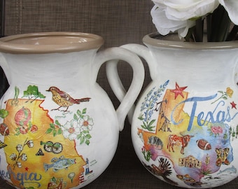 Bellissimo vaso Henkel, vaso in ceramica dipinta a mano con tecnica decoupage, imbiancato, motivi degli stati americani, Texas-Oklahoma, Georgia-Alabama, regalo per lei