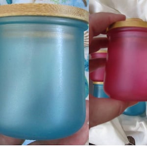 Four 5oz. Eco-Friendly Upcycled Catch-All Glass Jars with Bamboo Lids - Small item storage - Blue or Red Sea Glass Frosted Painted Qui Jars