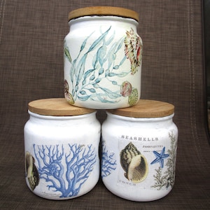 Handmade Ocean Decoupage Glass Jar, Bamboo Lid, Beach House Decor