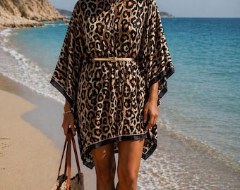 Túnica extragrande de seda y viscosa, caftán colorido, vestido de verano, estilo bohemio, vestido túnica para mujer, talla única hasta la 44, estampado de leopardo