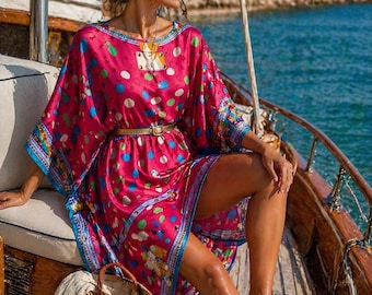 FISHINTHESEA - Oversized Silk Viscose Tunic, Colorful Kaftan Dress, Summer Dress, Boho Look, Tunic Dress for Women, One Size up to 44, Beach Dress