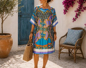 FISHINTHESEA - Oversize Tunika aus Seide Viskose Buntes Kaftan Kleid, Somerkleid Boho Look, Tunic Dress Damen One Size bis 42, Strandkleid