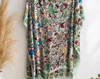 Oversize Tunika aus Seide Viskose Buntes Kaftan Kleid, Somerkleid Boho Look, Tunic Dress Damen One Size bis 44, Cat