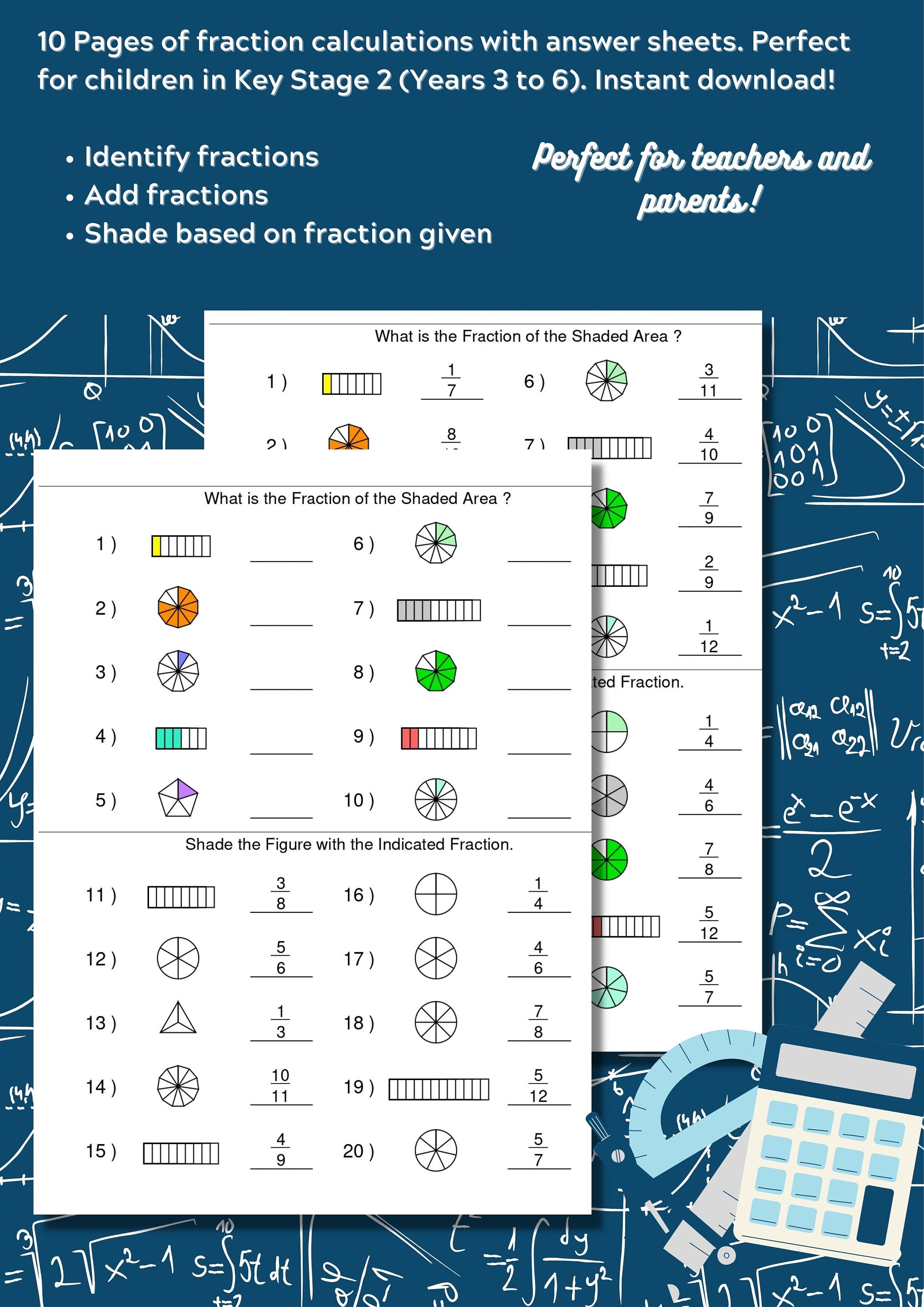 10 Maths Fraction Worksheets for Key Stage 2 Years 3, 4, 5 & 6 - With ...