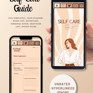 Op de afbeelding: Een digitaal telefoonscherm met een zelfzorg-gids met vijf sjablonen, waaronder een voedselplanner, een muzieklijst, een bucketlist, persoonlijke notities en een dankbaarheidslijst. De gids is ontworpen voor een iPhone en heeft een roze-bruin kleurenschema.