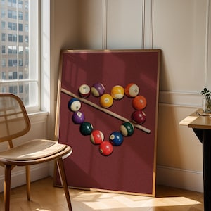 Billiard Balls Heart Wall Art, Vintage Pool Table Decor, 8 Ball Room Print, Game Room Poster, Pool Ball Set Artwork, Trendy Wall Art