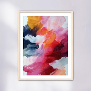 Abstract Brushstroke Print: Acrylic Painting Art Reproduction, Pink & Red Wall Decor (Digital Download)