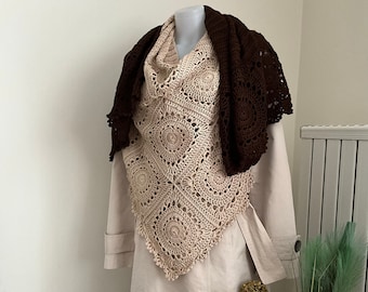 Crochet Triangle Shawl in Silky lace, 3 in 1, Shawl Scarf Neck warmer for Women, Beige and Brown Color Scheme, Valentines Gift for Her.