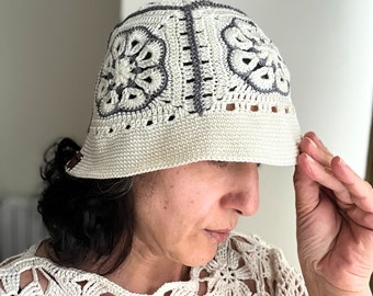 Cotton Beach Hat for women, Crochet Floral Design Granny squares, 1 Size fits all, Gift for her.