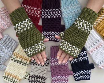 Crochet Fingerless Gloves with Embroidery, Woven Mittens  for Gift.