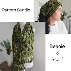May include: A green crocheted beanie and a matching green crocheted scarf with a diamond pattern and fringe, featuring the text Pattern Bundle Beanie & Scarf. The beanie has a textured stitch, and the scarf includes small pom-pom accents.