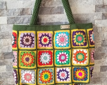 Colorful Crochet shoulder bag, Large granny square tote, Summer bag for women, Valentines Day and Mother day Gift İdea