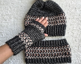 Crochet Winter Accessory Set, Beanie, Glove, Neck Warmer.