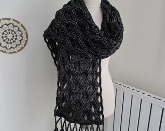 Hand Woven Scarf, Crochet Shawl with Tassels.
