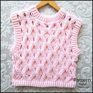Patrón de suéter de crochet, cuello redondo sin mangas.