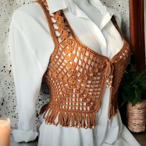 Modèle de gilet au crochet, fichier PDF à téléchargement immédiat, instructions faciles à suivre, style bohème, pompons avec perles, projet d'été.