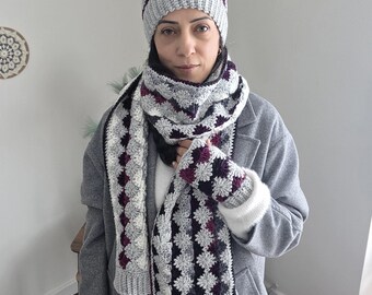 Crochet Winter Accessory Set, Cozy Beanie, Fingerless Gloves, Long Scarf.