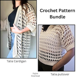 May include: A crochet pattern bundle featuring the Talia Cardigan and Talia pullover. The beige, open-weave crochet cardigan has long sleeves, while the matching beige, open-weave crochet pullover has short sleeves. Text reads Crochet Pattern Bundle.