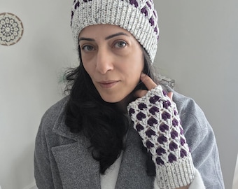 Crochet Beanie and Fingerless Glove Set, Kids Adult Winter Accessory.