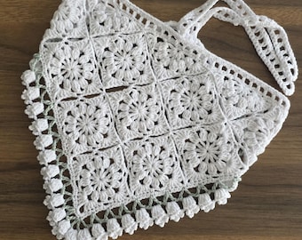 White Crochet Granny Square Bandana, Cotton Hair Kerchief, Trend Head Scarf.