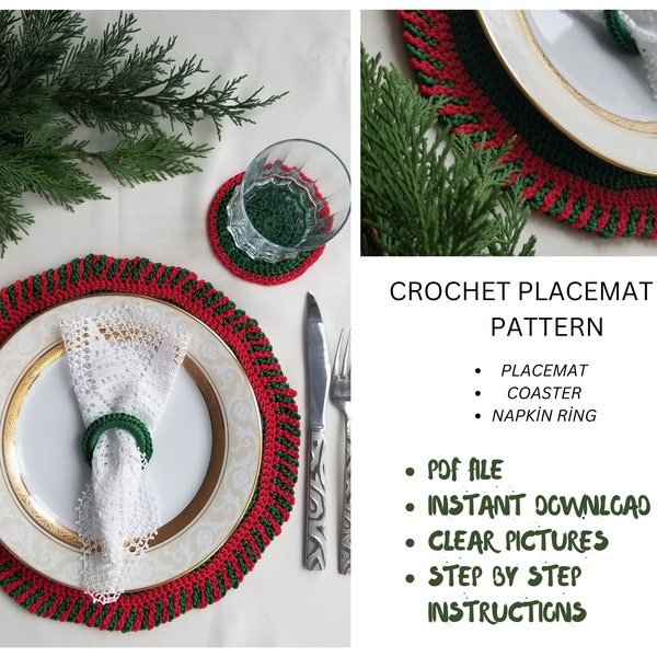 Crochet Placemat Set Pattern, Christmas Table setting, İnstant Download PDF File.