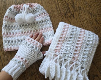 Handmade Winter Accessory Set, Crochet Beanie Gloves Scarf.