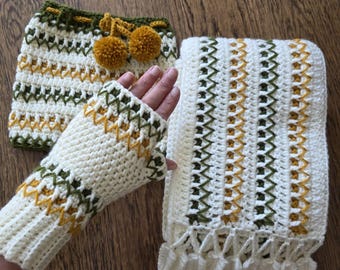 Crochet  Beanie-Neck Warmer, Fingerless Gloves, Long Scarf Set, Cozy Winter Accessories .