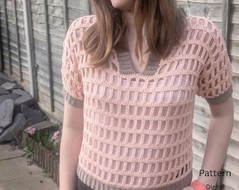 HÄKELANLEITUNG, Polo-Pullover aus Mesh, Sommertop in Übergröße, PDF zum sofortigen Download.