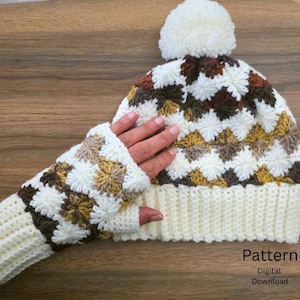 Crochet Pattern Bundle, 2 in 1, Beanie Fingerless Gloves Set, Winter Accessories.