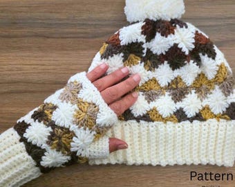 Crochet Pattern Bundle, 2 in 1, Beanie Fingerless Gloves Set, Winter Accessories.