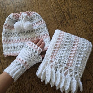 Crochet pattern bundle, 3 in 1, scarf beanie fingerless gloves, winter accessories.